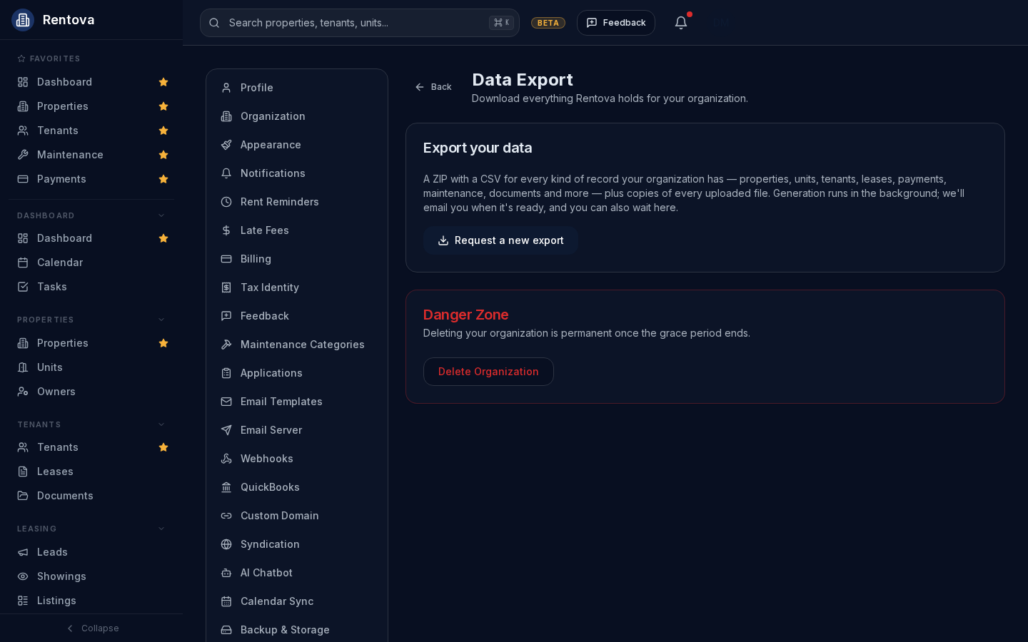 Data & Deletion settings page with an Export your data card and a Danger Zone delete organization card